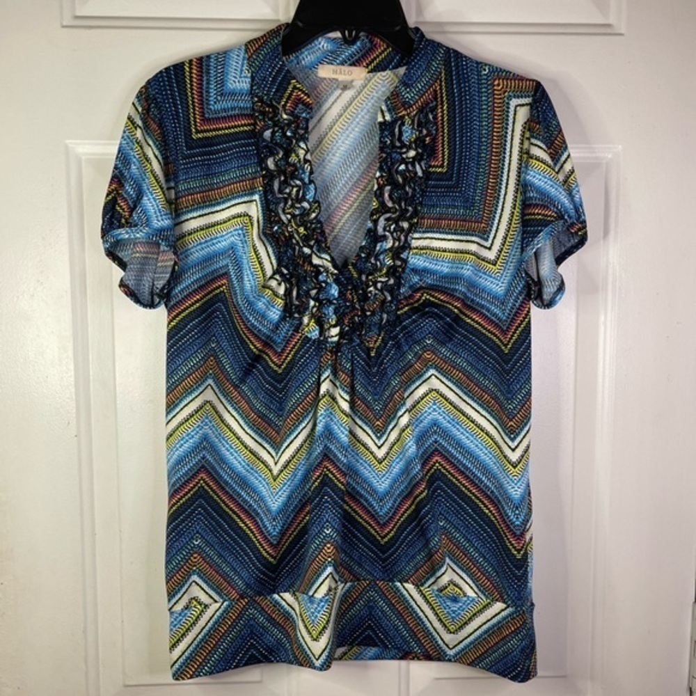 Halo multi colored v‎ neck ruffle blouse.